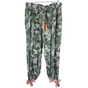 World Market Green Peach Floral Ankle Tie Lightweight Women's Pants S/M